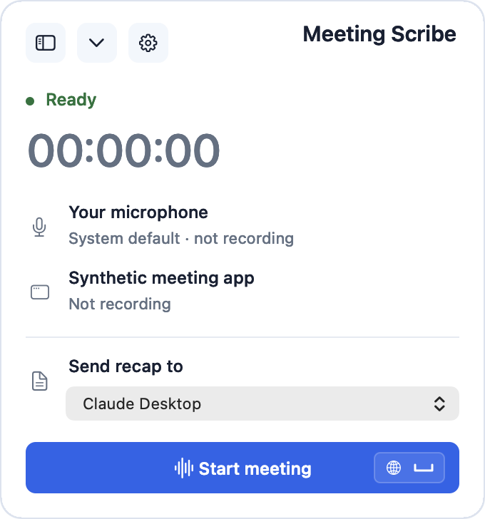 Meeting Scribe start window showing microphone and application status, recap destination, and Start meeting button